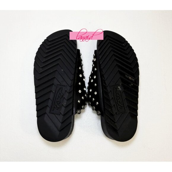 Ash Universe Slide Sandal Black Leather Studded Crystals Birks Flats Edgy Gothic - Picture 12 of 17